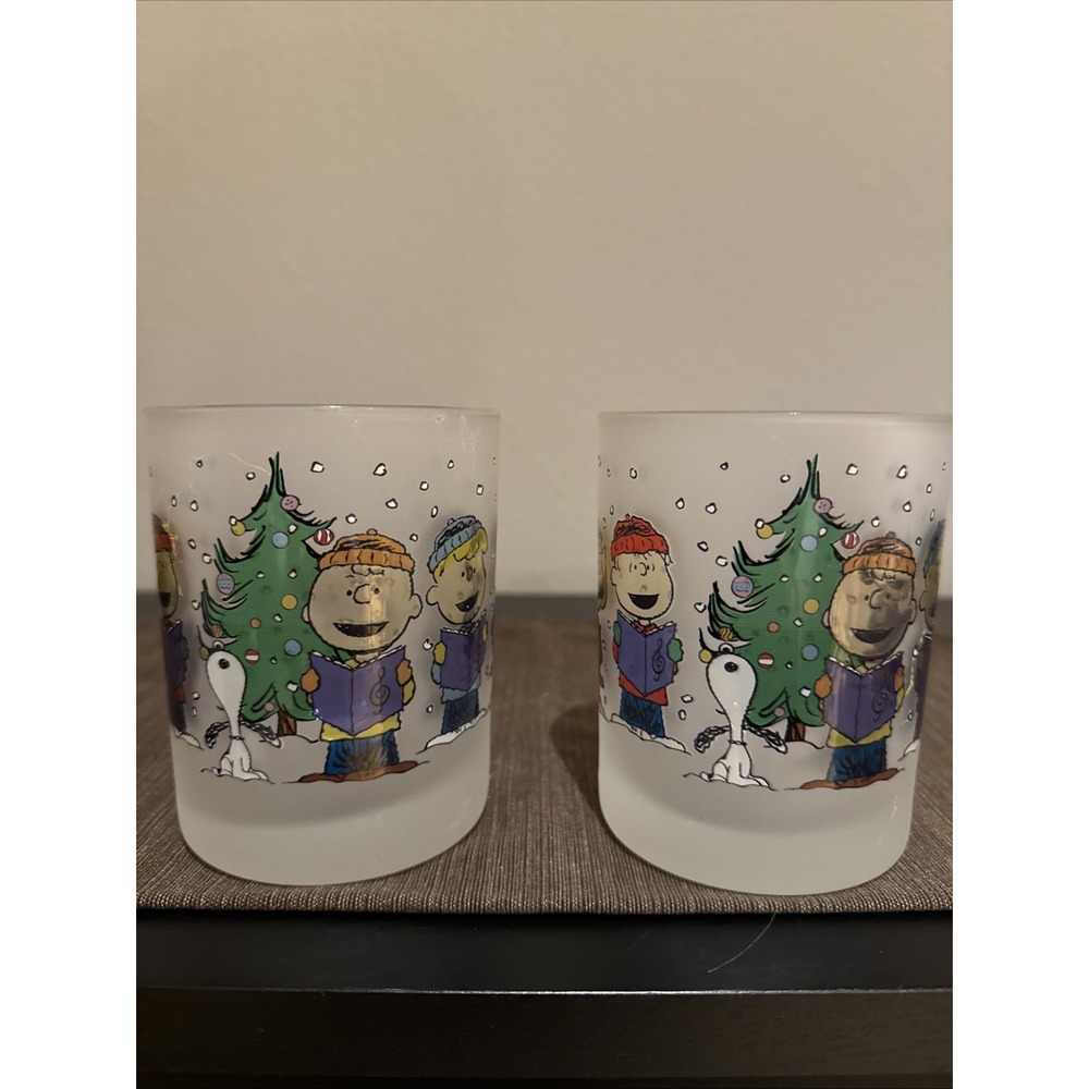 2 Snoopy Peanuts Gang Christmas Glass Or Votive Candle Holder Frosted 4.25"